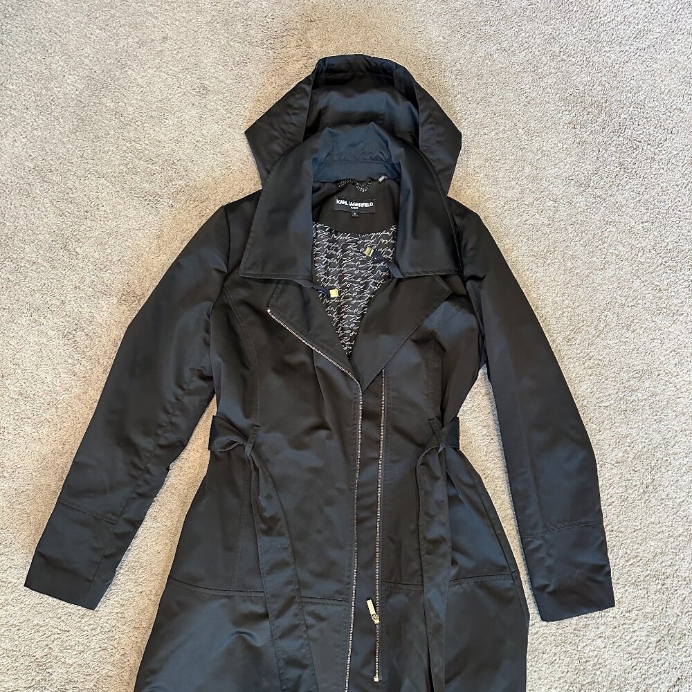 Karl Lagerfeld Black Satin Hooded Trench M